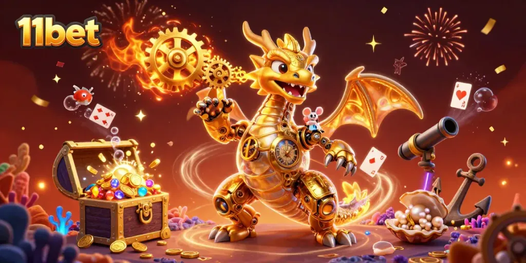 Win big at 11bet with thrilling 3D gaming action featuring a golden dragon and treasure chests.
