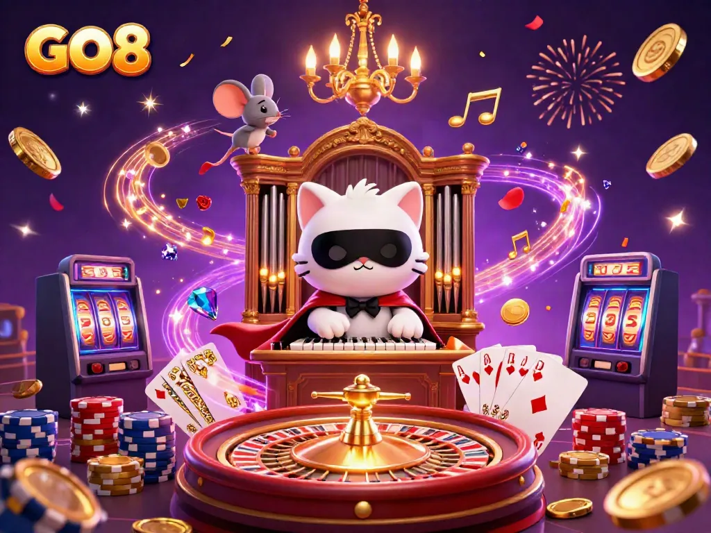 Experience GO8 casino magic with a phantasmic cat, acrobat mouse, and vibrant gaming elements.