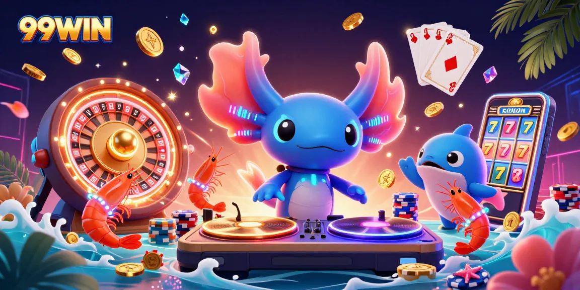 Engage with 99WIN's vibrant gaming scene featuring exciting casino elements and lively characters.