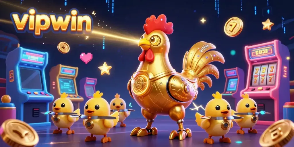 Engage in thrilling gaming with vipwin's dynamic scene featuring a golden rooster robot amidst vibrant arcade elements.