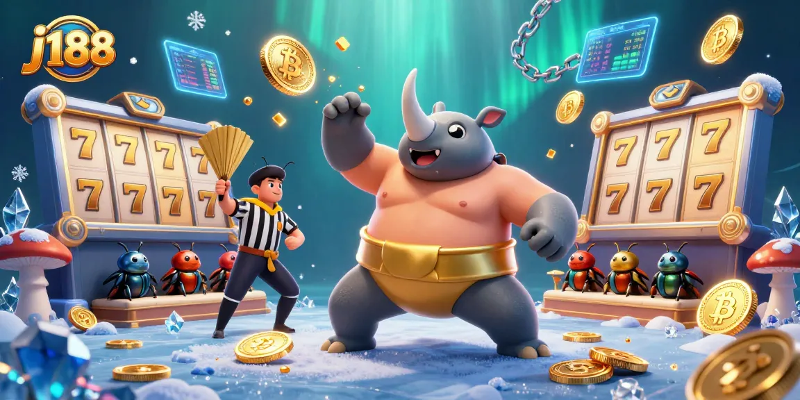 Experience thrilling action at j188 casino with a cartoon rhinoceros beetle champion surrounded by golden coins and slot reels.