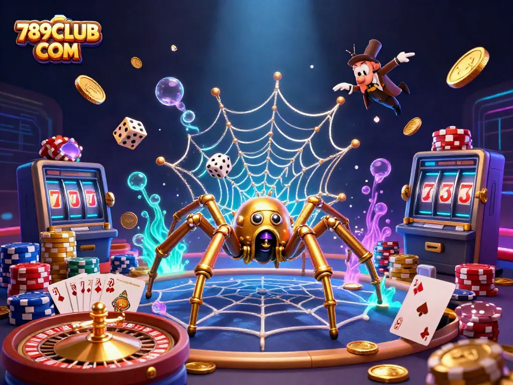 Experience the thrill at 789CLUB COM with a vibrant 3D illustration of a steampunk spider in a dynamic casino scene.