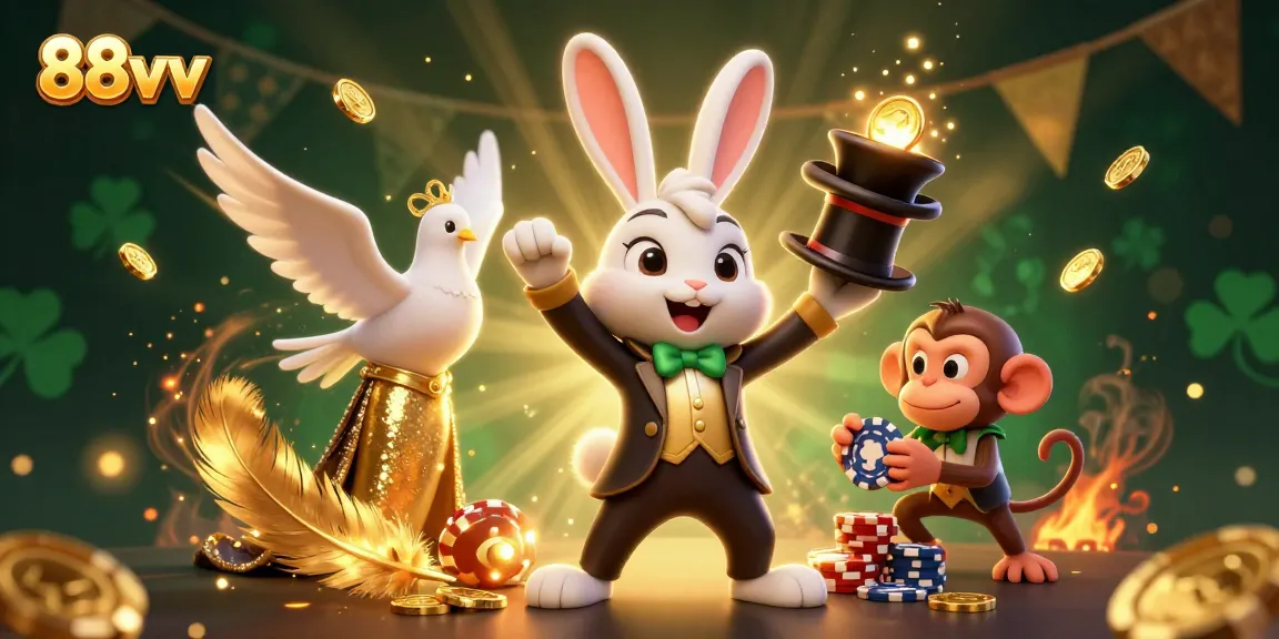 88vv showcases a magician rabbit pulling coins, surrounded by casino elements for a thrilling atmosphere.