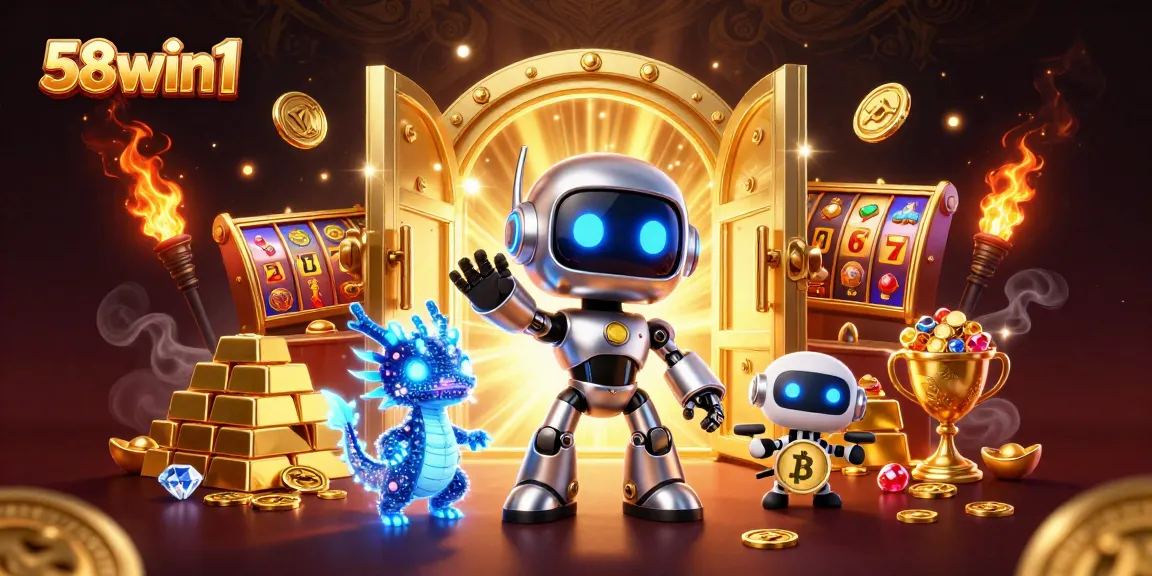 Engage with 58win1's immersive gaming experience featuring vibrant 3D illustrations and dynamic elements.
