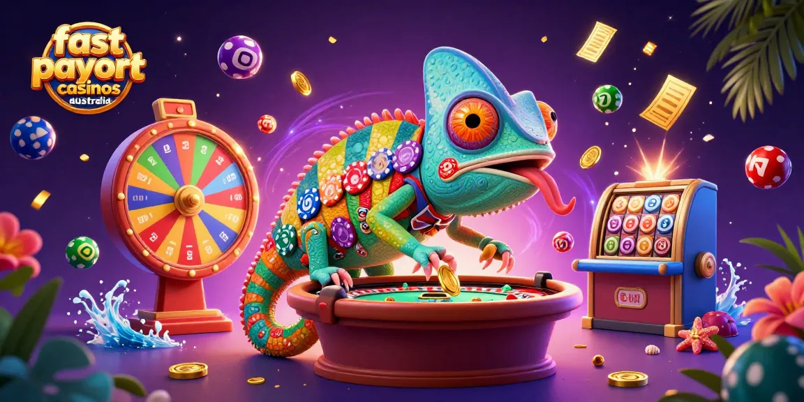 Engage with fast payout casinos Australia showcasing vibrant 3D chameleon themed casino activities and golden winnings.