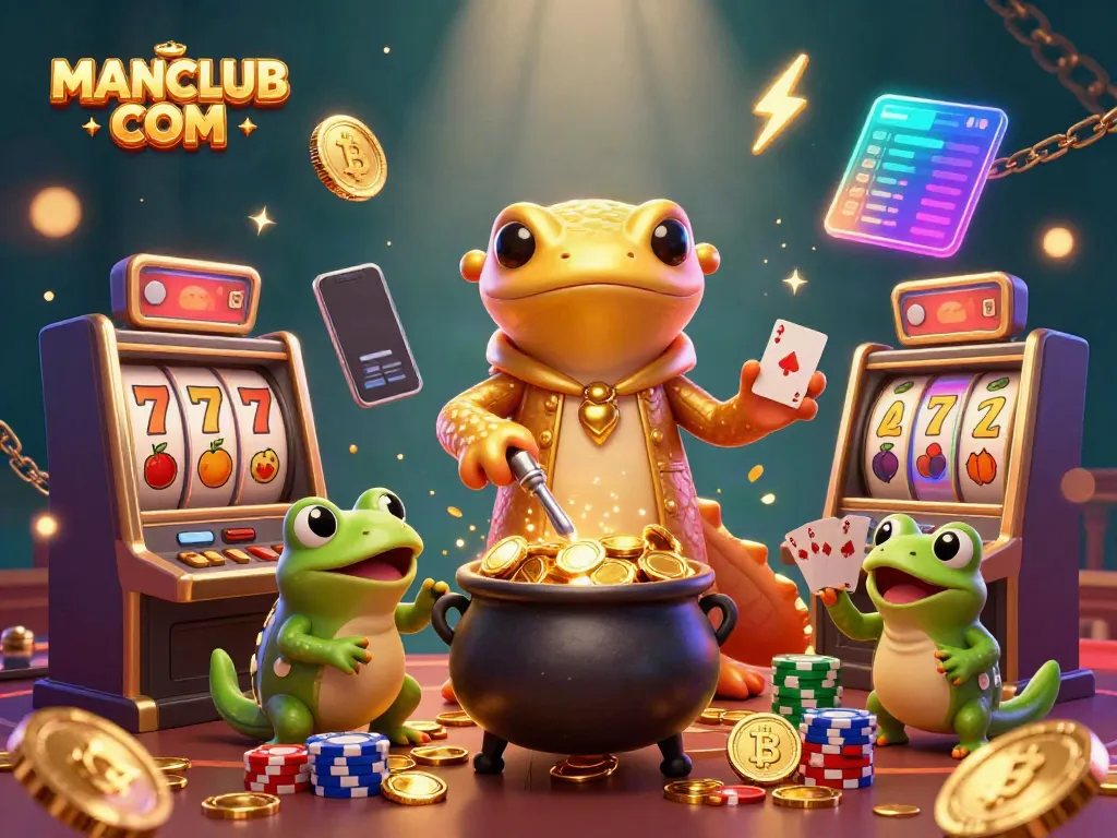 Experience gaming at MANCLUB COM with vibrant casino elements and dynamic characters celebrating wins.