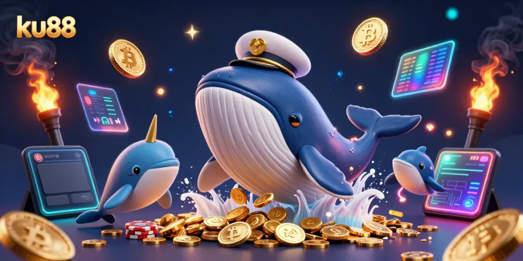 Experience thrilling gaming with ku88 as a whale breaches through coins and vibrant casino elements.