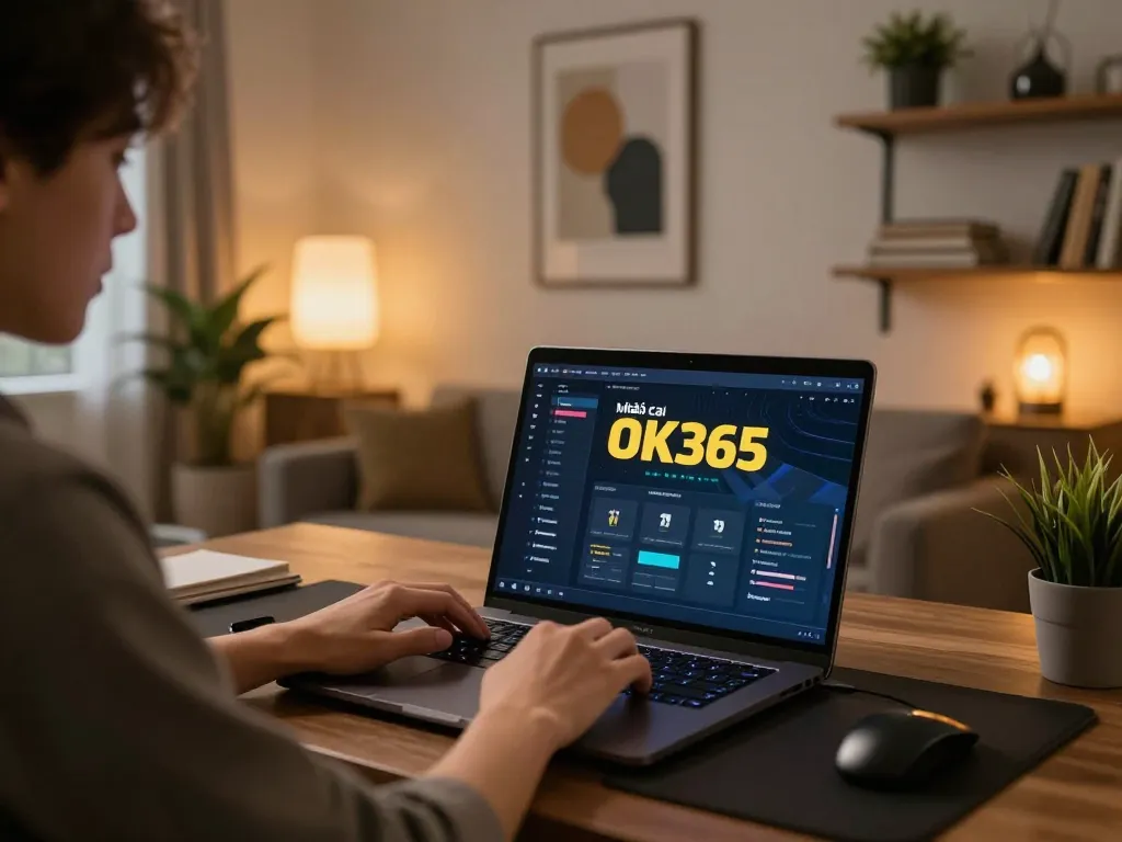 Engaged player at Nhà cái OK365 online casino on laptop showcasing gameplay.