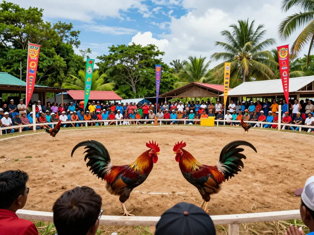 Watch đá gà trực tiếp as vibrant roosters clash in a lively tropical arena