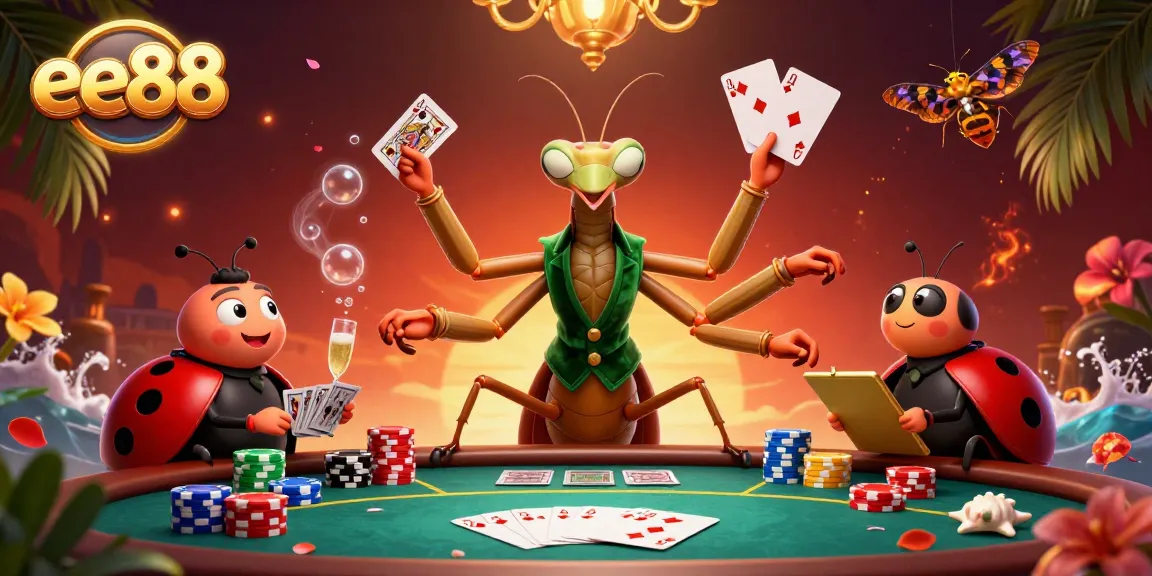 ee88 delivers an exciting poker experience with vibrant chip stacks, royal flush, and lively characters.