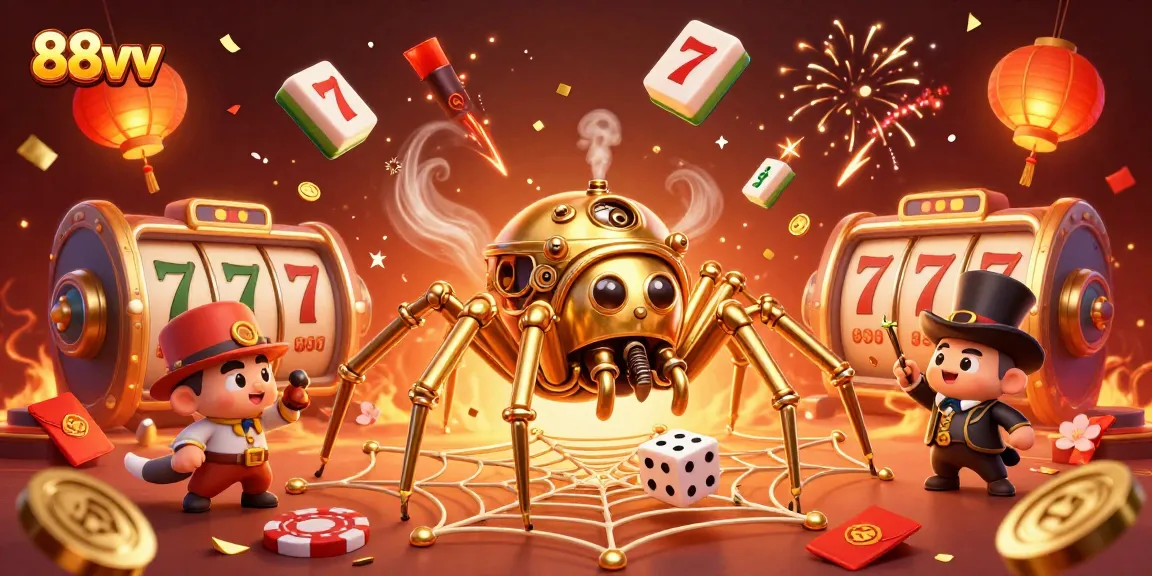 Catch unlucky dice in the web with 88vv's golden spider in a vibrant casino scene.