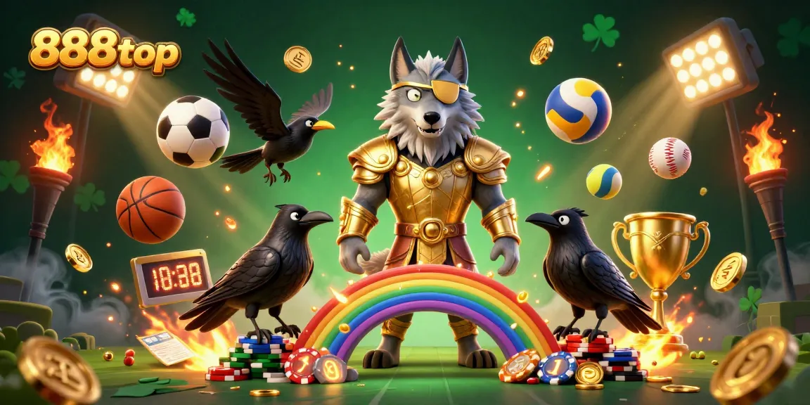 Experience thrilling moments with 888top's colorful casino scene featuring Odin and mythical ravens.