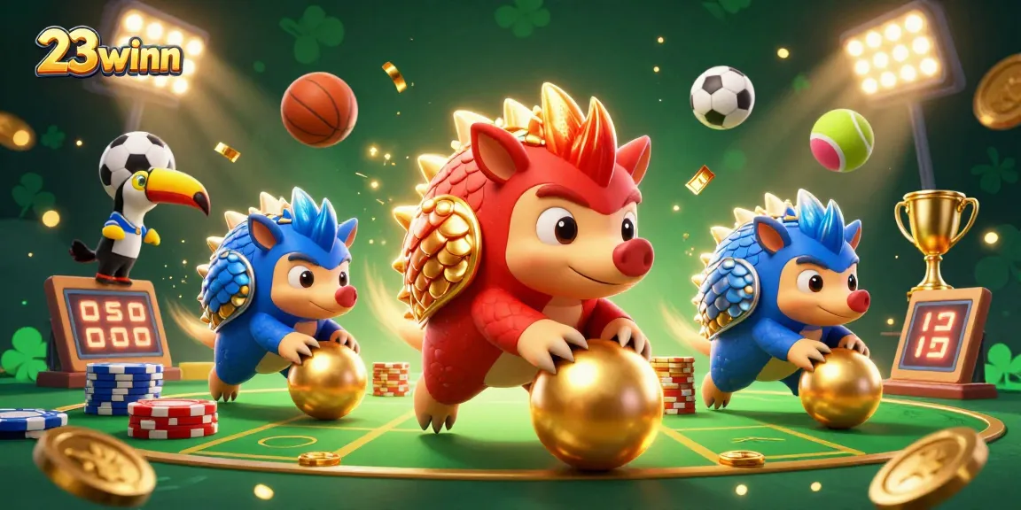 Competing pangolins in armor roll through poker chips, celebrating 23winn's vibrant casino scene with dynamic sports elements.