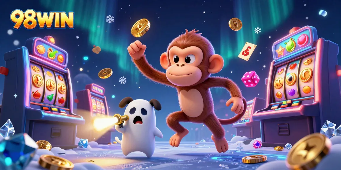 Experience the excitement of gameplay at 98WIN with a playful poltergeist and ghost-hunter puppy in a dynamic casino scene.