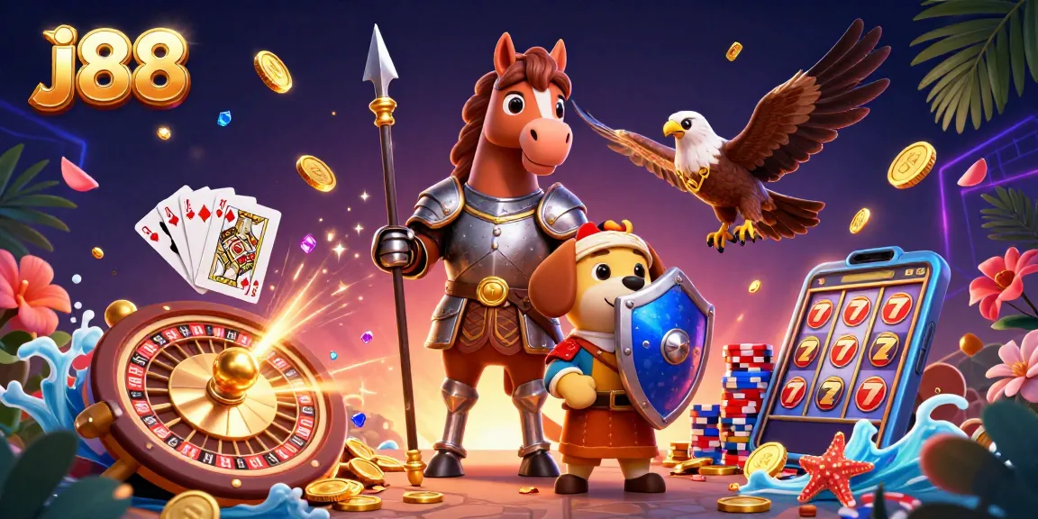 Experience the thrill of j88 with a knight, puppy, and falcon amidst dazzling casino elements.