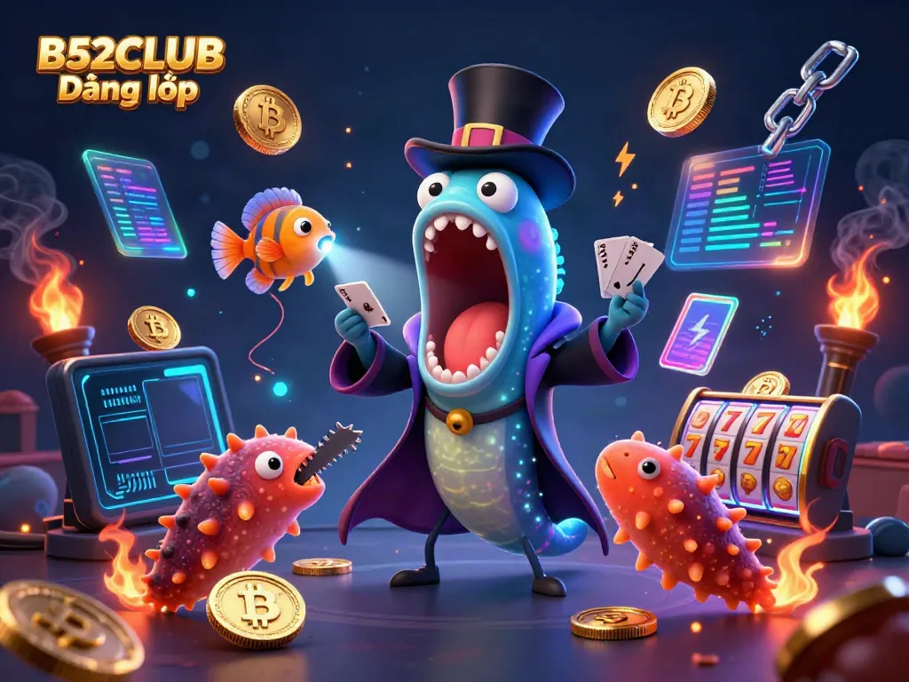 B52CLUB Đăng nhập captures a vibrant casino scene with whimsical sea creatures performing magic tricks.