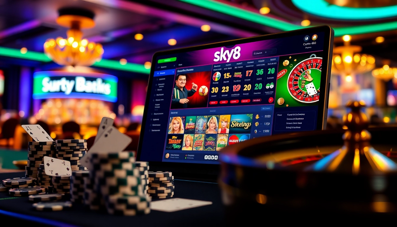High-stakes online gambling at Sky88 with vibrant casino games, poker chips, and betting slips.