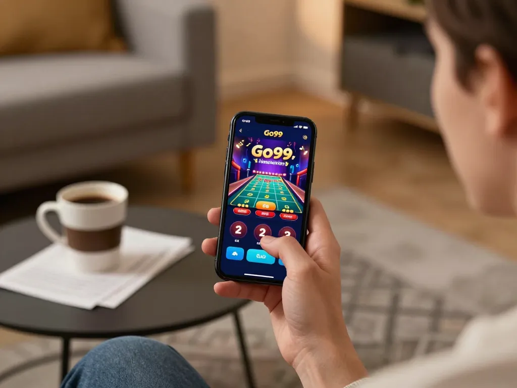 Engage in exciting gameplay on Go99 mobile app with dynamic casino interface in cozy living room.