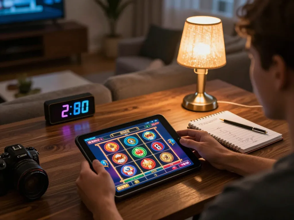 Engaging in online gambling at https://tr88.bio/ with vibrant slot game interface on tablet during a cozy home setting