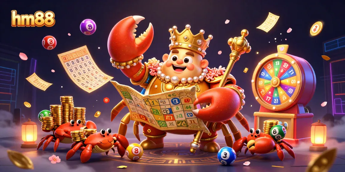 Engage with the thrilling hm88 gaming experience featuring a golden crab emperor and lottery elements.