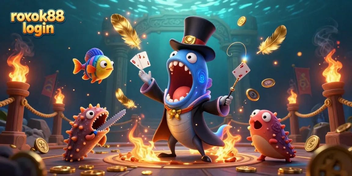 Engage with the vibrant rokok88 login scene featuring a magician eel performing card tricks