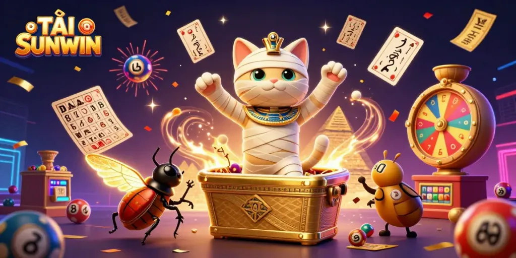 Engage in the vibrant world of TẢI SUNWIN with a dynamic scene featuring a mummy cat and glowing scarab, bursting with game excitement.