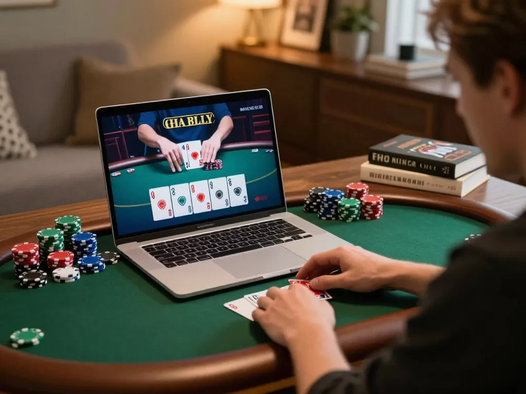 Player engaging in online poker at home, showcasing ALO8 gaming strategy and immersive experience.