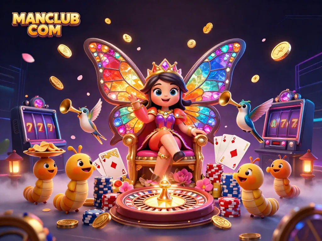 Experience the captivating world of gambling with MANCLUB COM amidst vibrant casino elements and an enchanting butterfly queen.