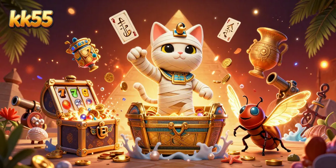 Experience the thrills of kk55 with a playful 3D Egyptian mummy cat and captivating casino elements.