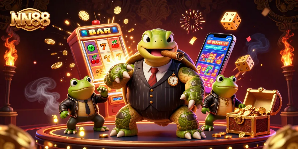 Experience NN88's vibrant casino atmosphere with a playful turtle mobster and frog enforcers in a 3D scene.