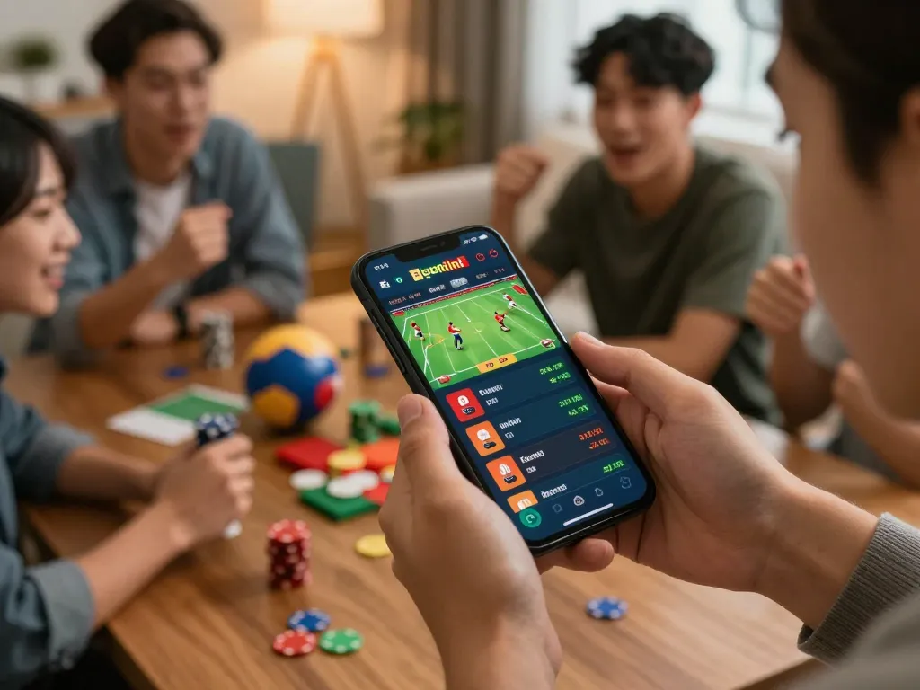 Engaging sports betting action on m88zo mobile app, excitement among players in a lively setting.