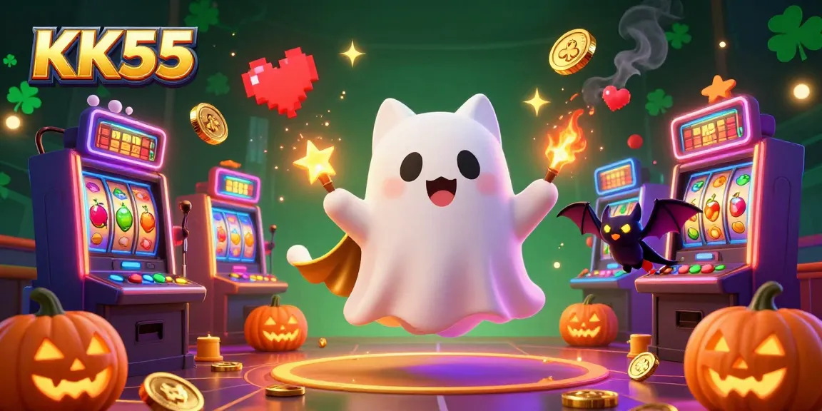 Engage in thrilling slots action at KK55 with glowing characters and dynamic arcade elements.