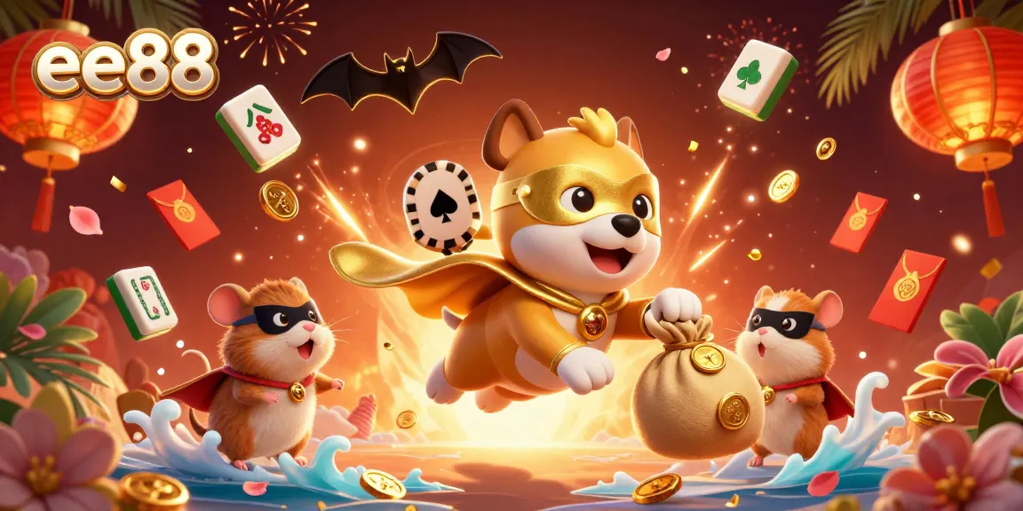 Experience thrilling gameplay at ee88 with a vibrant casino-themed 3D illustration featuring a superhero dog.