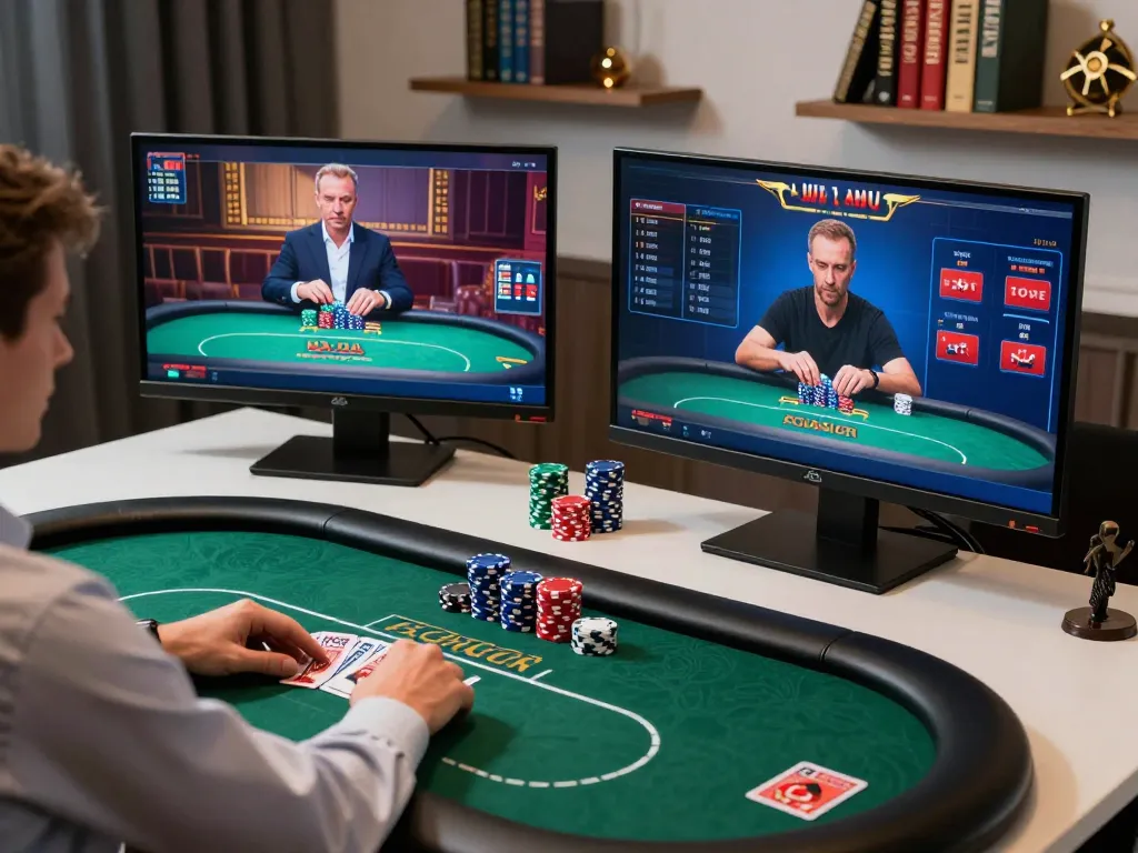 MM88 player strategizing poker odds at a modern online gaming setup with multiple screens.