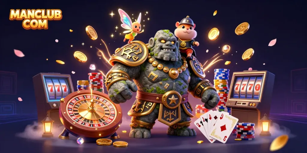 Experience the thrill of gaming with MANCLUB COM illustrated in a vibrant 3D casino scene filled with rich elements.