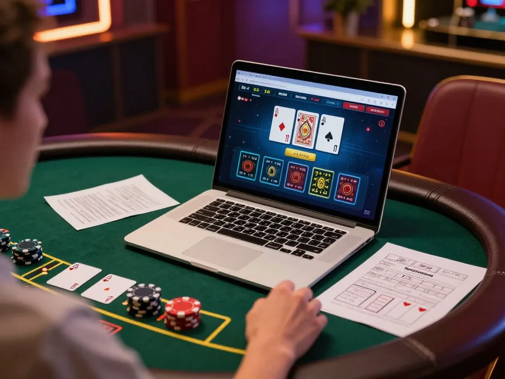 Player enjoying a strategic blackjack game at RR88 online casino, surrounded by gaming accessories.