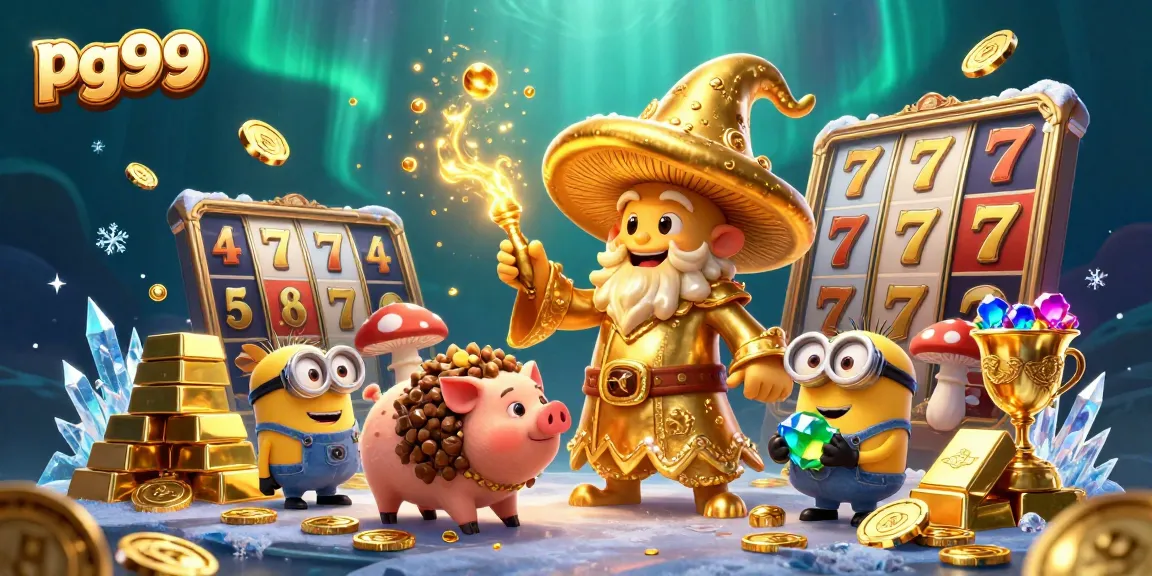 Engage in pg99 gaming adventures with a golden mushroom wizard and treasure-filled scene.