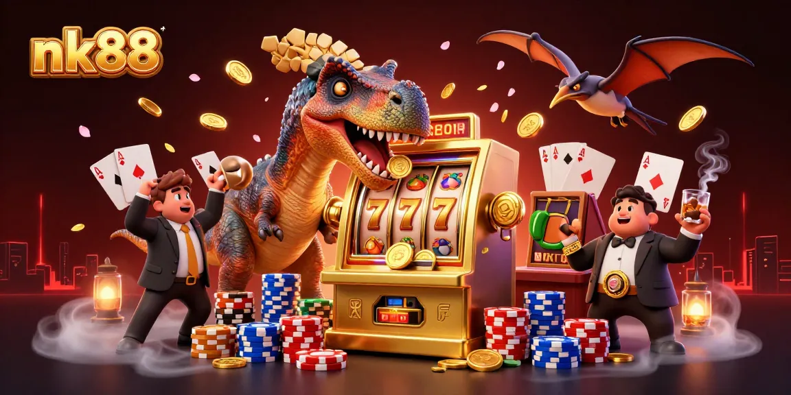 Experience nk88 excitement as a pachycephalosaurus triggers a slot machine jackpot amidst a lively casino scene.