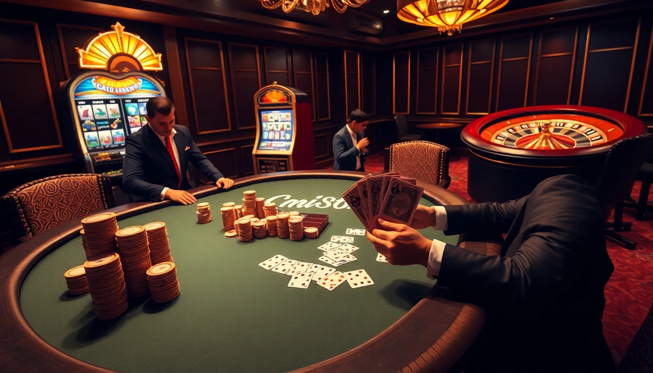 Players strategizing at a poker table while enjoying high-stakes CM88b gambling action in a luxurious casino.