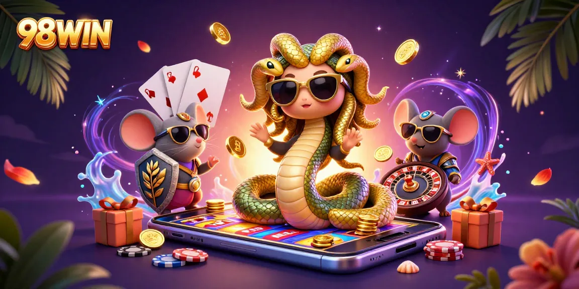 Experience the thrill of 98WIN with a cute Medusa and a warrior mouse amidst dynamic casino elements.