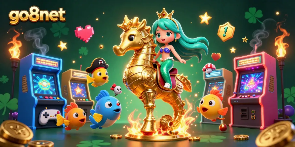 Experience thrilling games at go8net with a vibrant 3D illustration capturing casino excitement and adventure.
