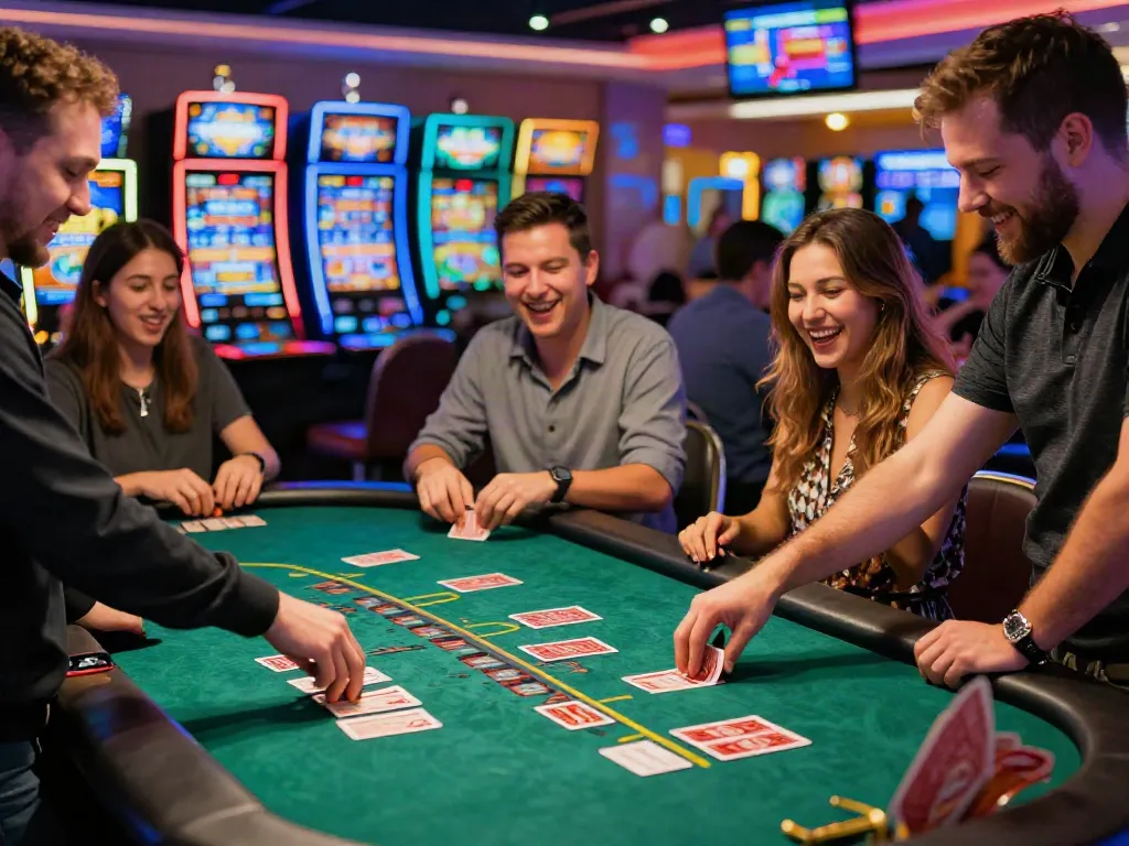 Casino gaming excitement at https://man88pro.com/ with dealers and players interacting.