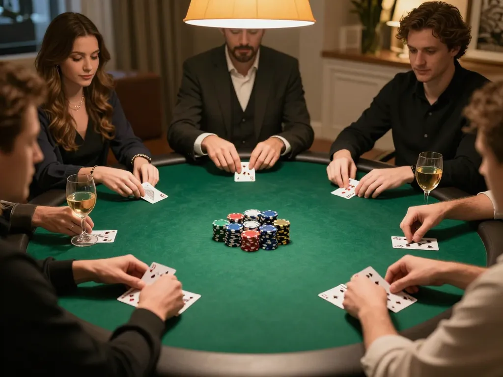 CM88 players engaging in a poker game around a green felt table, showcasing strategy and social interaction.