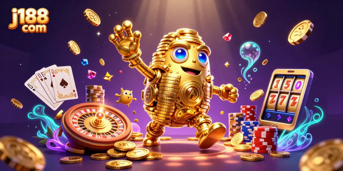 Experience the excitement of j188 com with a dynamic 3D illustration of casino games and vibrant graphics.