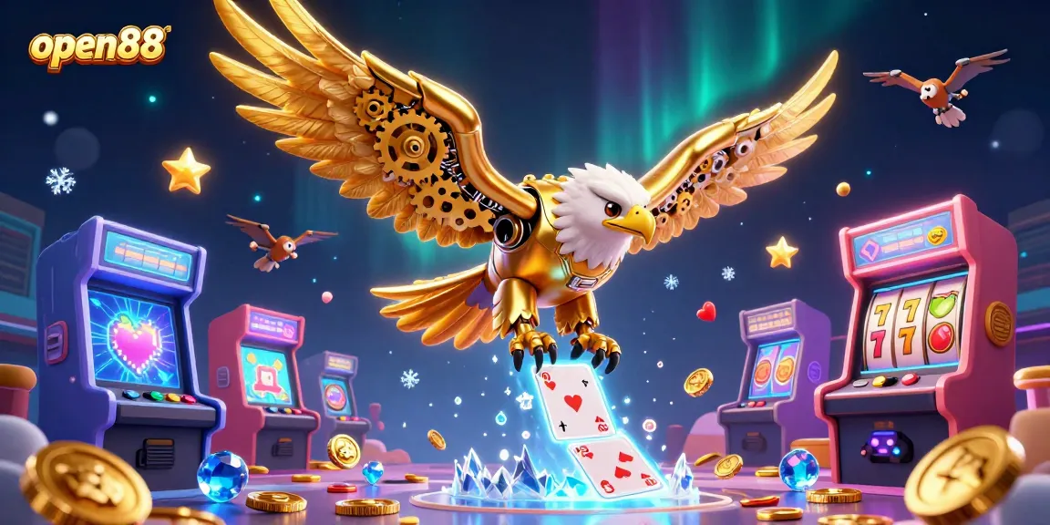 Experience open88's thrilling action with a golden eagle diving through vibrant holographic cards.