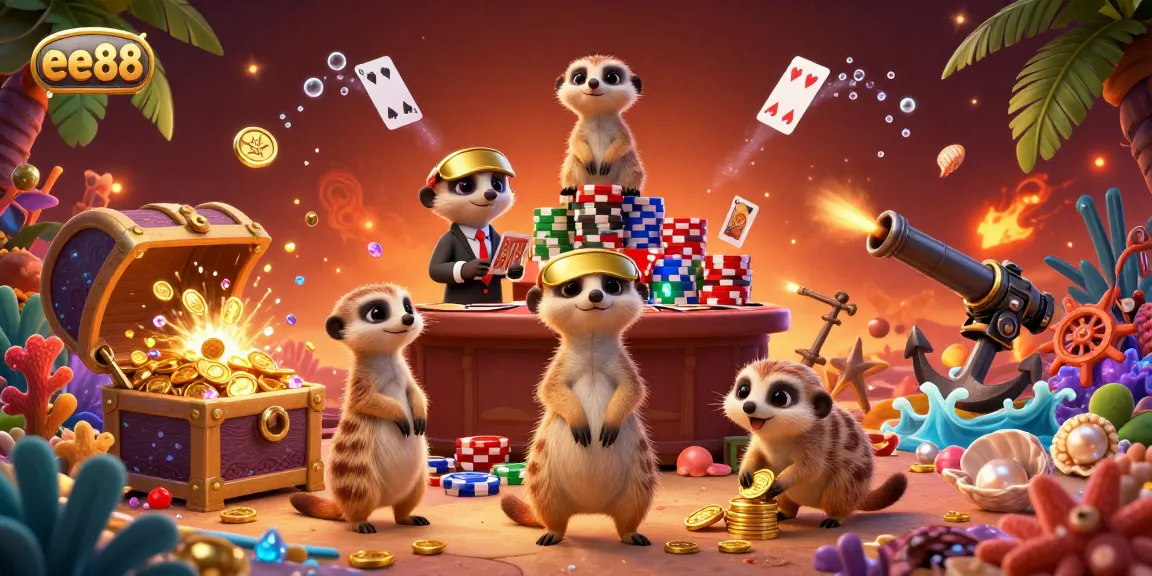 Experience the excitement of ee88's vibrant casino scene with meerkats, chips, and gaming elements.