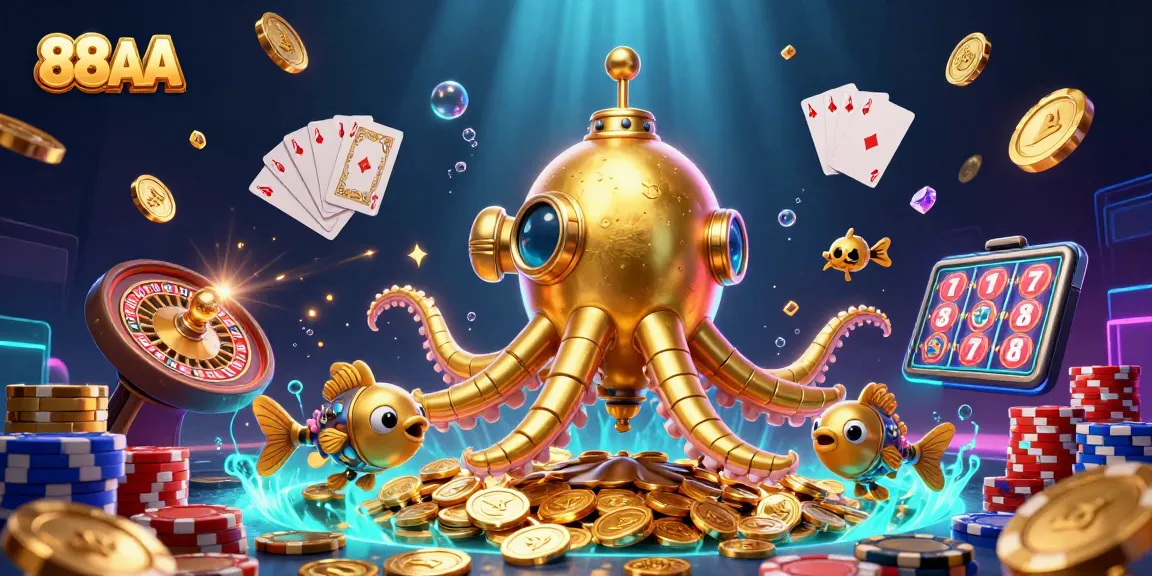 Engage in thrilling gameplay with the 88AA golden kraken submarine amid swirling coins and casino elements.
