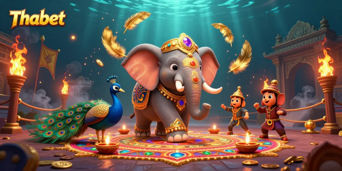 Engage with Thabet’s vibrant cartoon illustration showcasing an elephant and peacock in a dynamic casino scene.